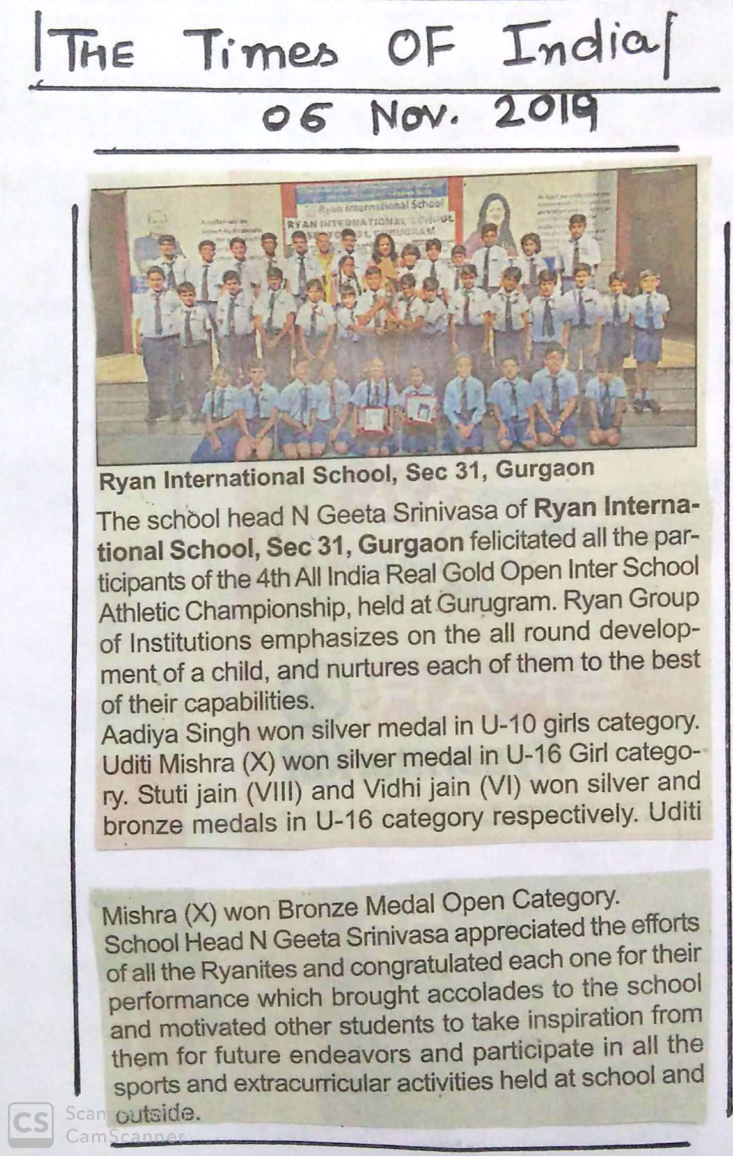 All the participants of the 4th All India Real Gold Open Interschool Athletic Championship were felicitated by the school head Geeta Srinivasa